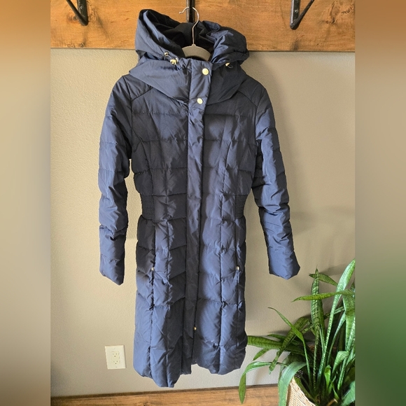 COLE HAAN Puffer Coat navy Gold S Long Length Winter Warm Apres Ski Down Fill - Picture 2 of 12
